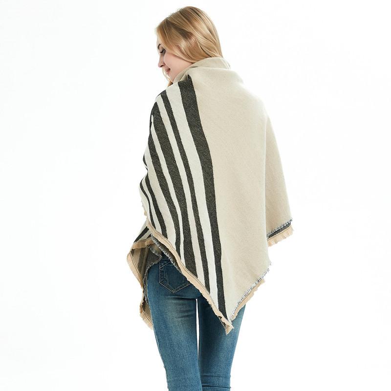 Autumn Winter Women's Wide Striped Scarf Geometric Pattern Shawl Thick Warm Scarf