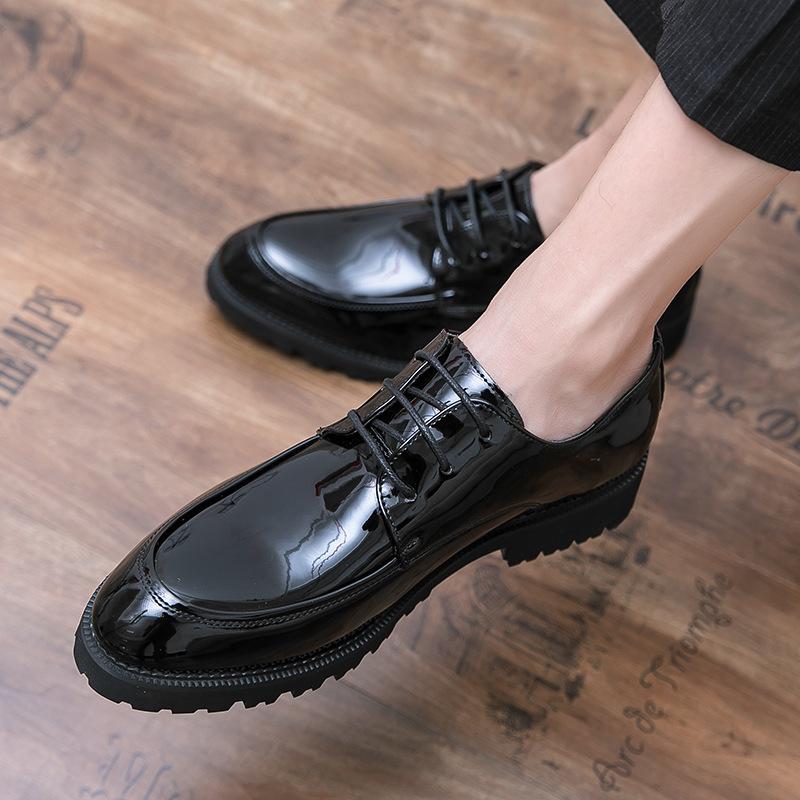Glossy Leather Shoes Men's Summer British Youth Business Dress Shoes Platform Hairstylist Trendy Shoes Groom Wedding Shoes