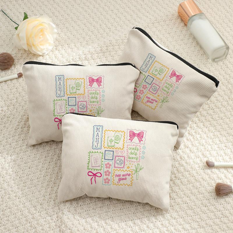 1pc Mahjong Player Makeup Bags Makeup Corduroy Storage Bag Aesthetic Accessory Travel for Women Mahjong Club Game Lover Bags