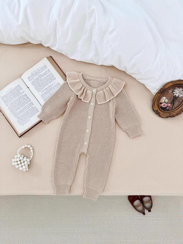 Хлопковый ромпер с длинным рукавом для девочки с воротником-рюшем на весну/осень
