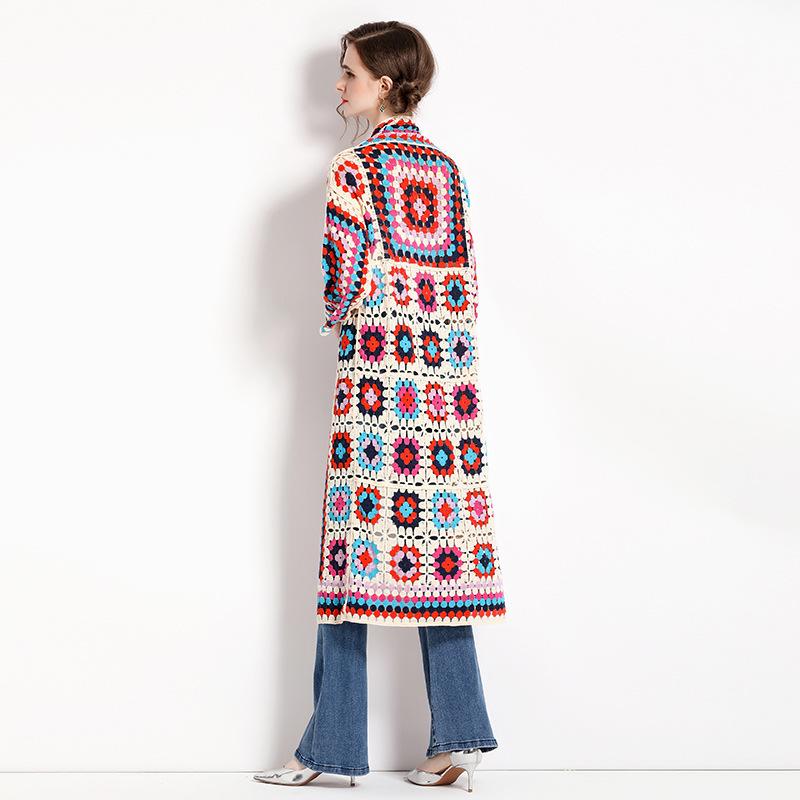 Autumn Long Cardigans Spring Fashion Vintage Floral Knit Streetwear Loose Hollow Out Overcoat