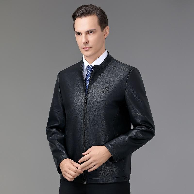 Новые осенние и зимние куртки из овчины для мужчин, повседневные однотонные кожаные куртки для людей среднего возраста, модные мужские куртки с воротником-стойкой