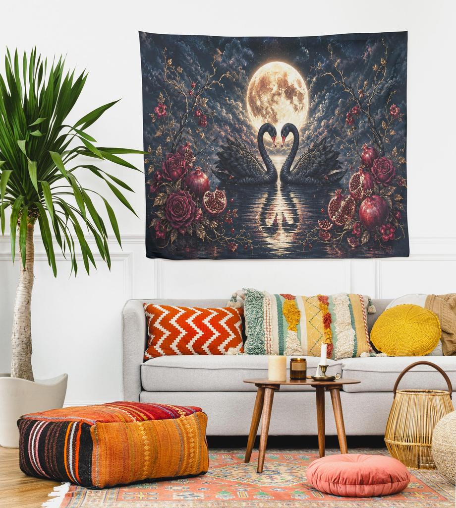 Black Swan Tapestry Full Moon Pomegranate Wall Hanging Gothic Floral Art Dark Romantic Celestial Bedroom Decor