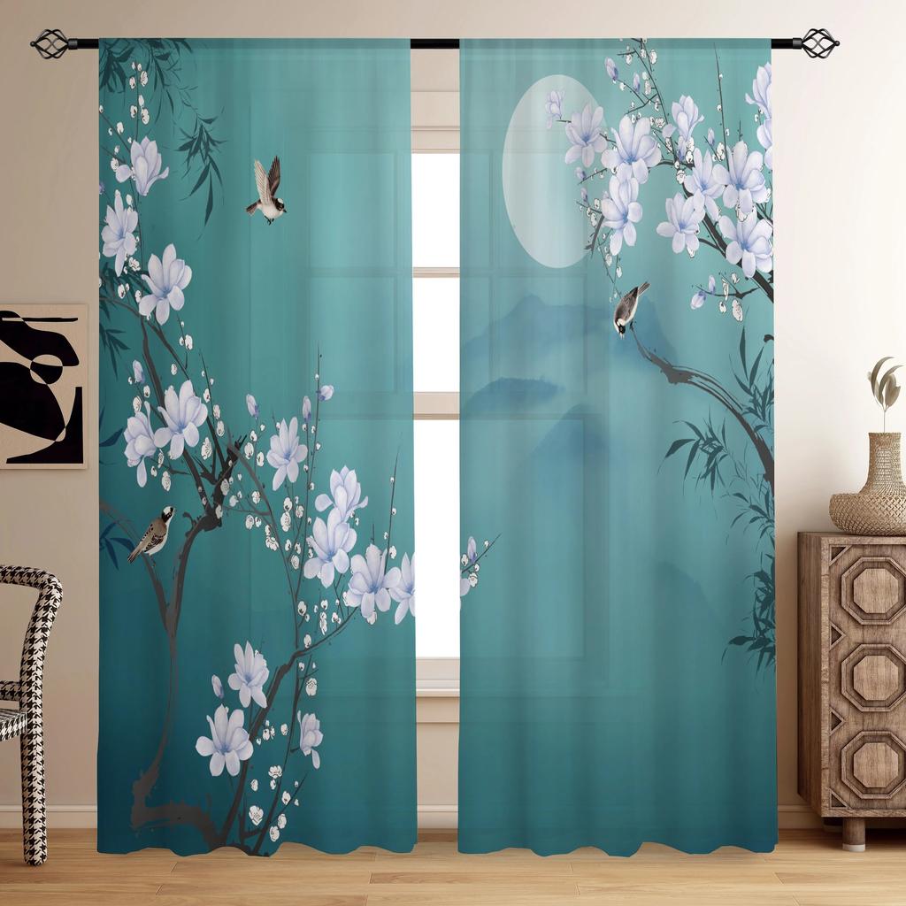 2pcs Chinese Mountain Lnk Painting Print Curtain, Digital Printing Curtains for Living Room Bedroom Kitchen Study, Home Decor