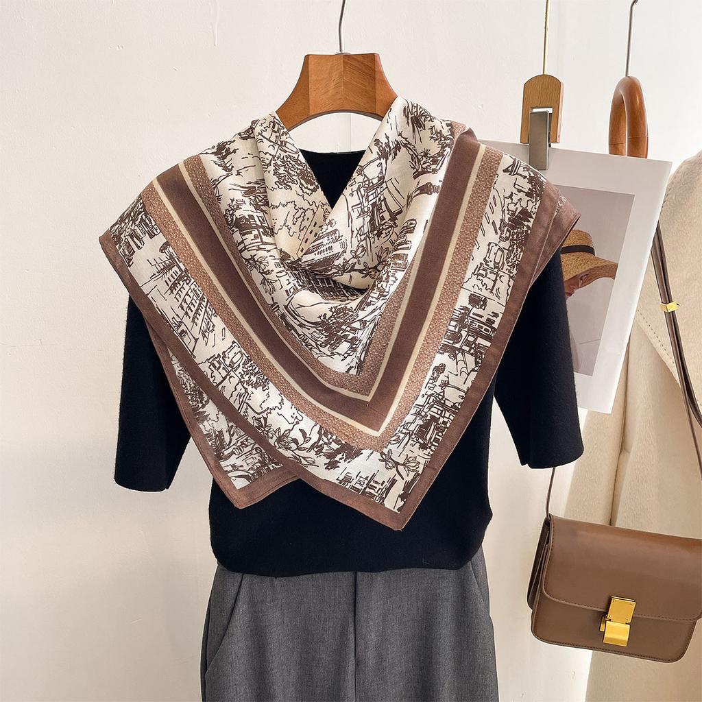 71 cotton and linen feel small square scarf retro house flower print silk scarf women's decoration multi-functional thin neck scarf