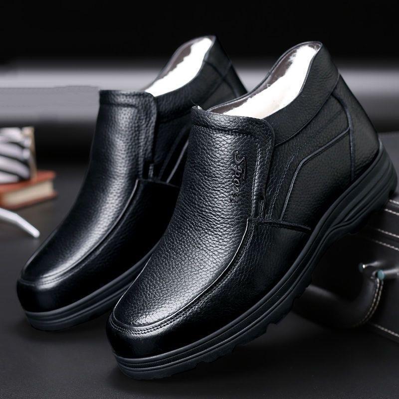 [Genuine Leather Wool] Men's Cotton Shoes with Velvet To Keep Warm, Real Cow Leather Shoes, High-top Thick-soled Non-slip Snow Boots