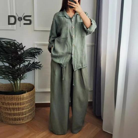 2 Pcs/Set Women Shirt Pants Set Long Sleeves Lapel Collar Pockets Single-breasted Drawstring Hem Blouse High Waist Loose Wide Leg Pants Set Casual
