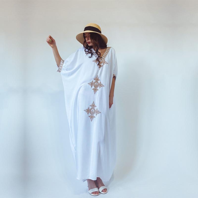 2022 элегантное золотое вышитое кафтан в стиле ретро с v-образным вырезом белое платье больших размеров женская одежда летняя пляжная одежда купальный костюм накидка