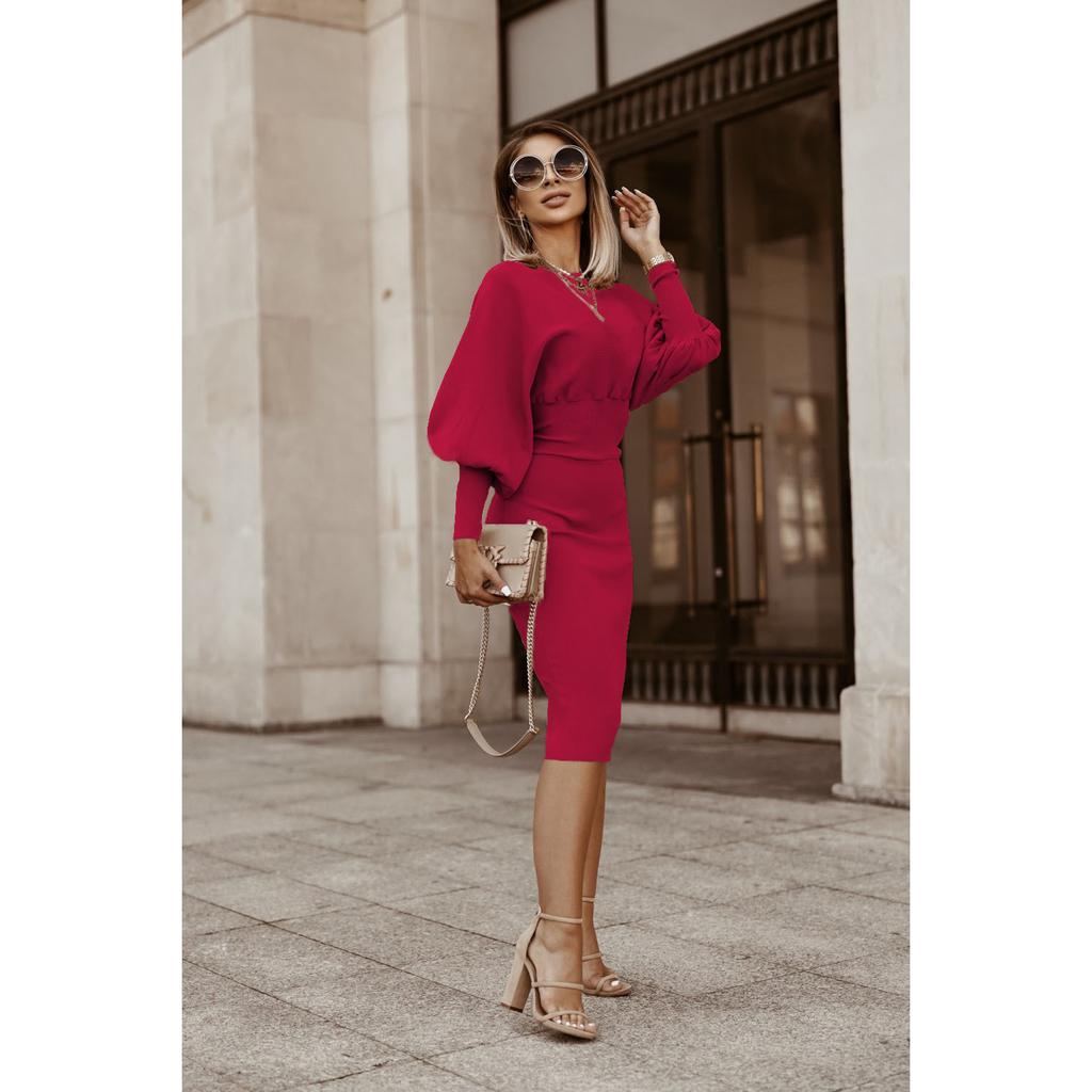 Женское зимнее платье-карандаш 2025 | Однотонное с рукавами-фонариками и приталенное | Осеннее облегающее платье-бодикон - Теплая юбка-карандаш (S-3XL)