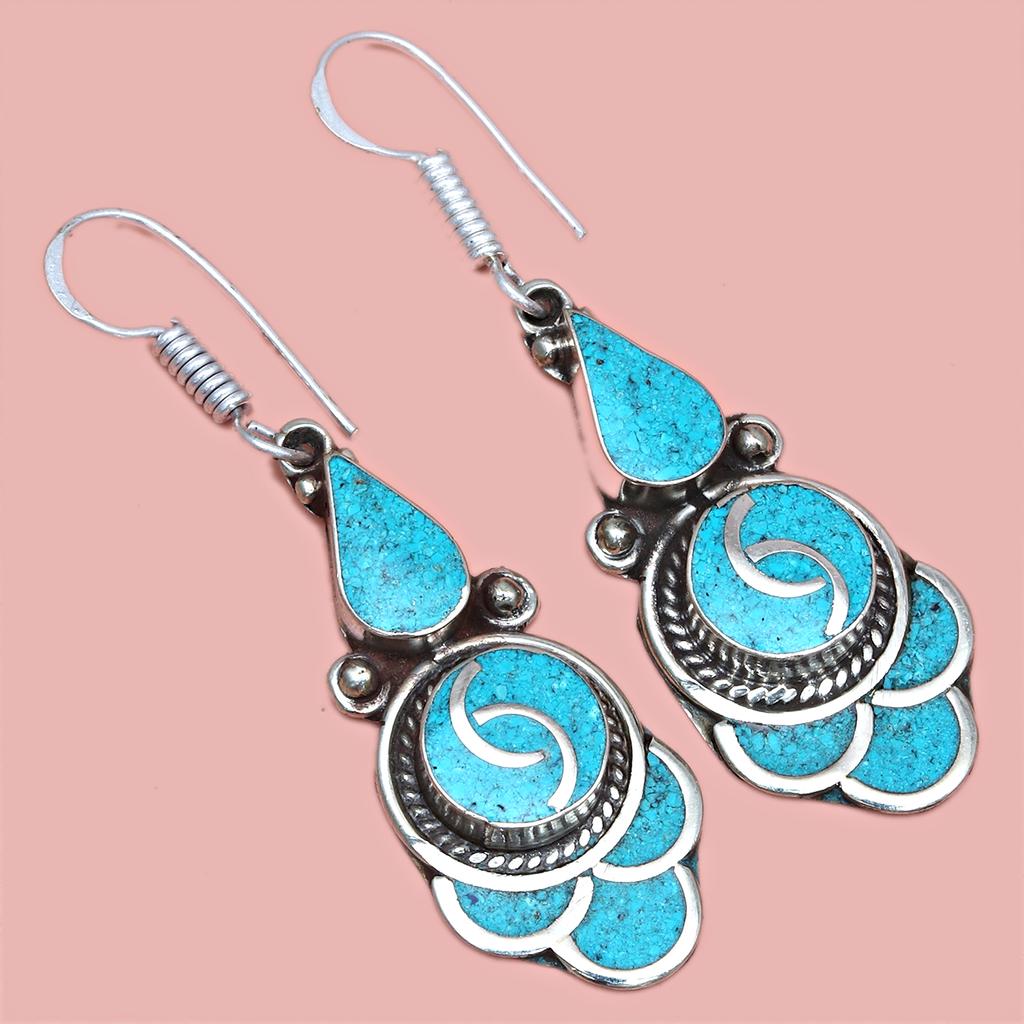 Tibetan Turquoise Coral Red Earrings Nepali Tribal 12gms 1.5" 1.6" Chunky Gift