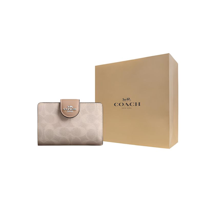 Coach Signature Canvas 13 Логотип бренда Застежка-кнопка Премиальная кожаная сумка-кошелек Женский кошелек Бежевый CW786-SVPWH