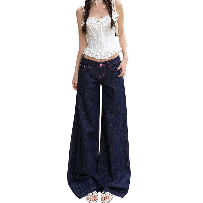 Pink label contrasting color design jeans women's American new low-waist large size loose drape versatile and thin wide-leg pants