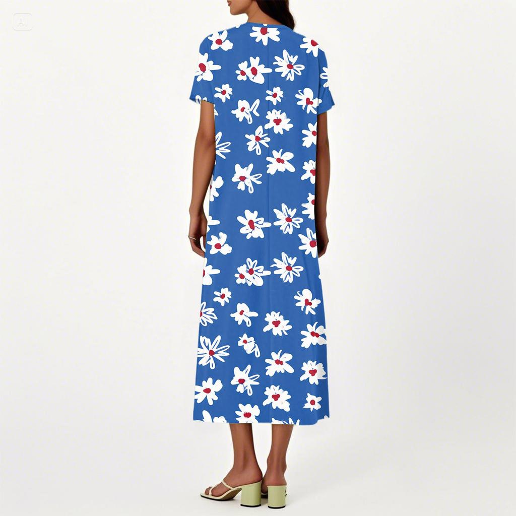 Fashion Women's Summer V-Neck Short Sleeve Floral Print Beach Dress