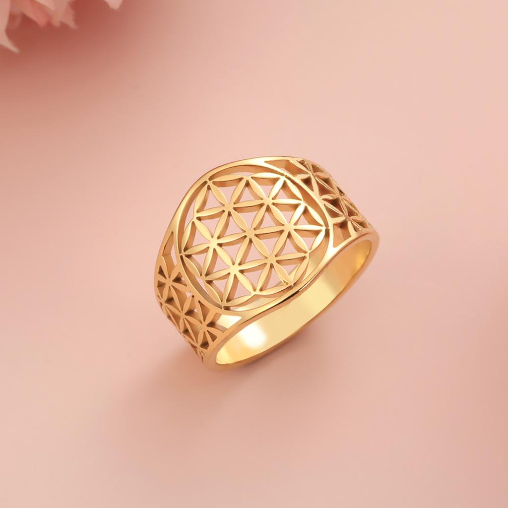 Flower of Life Rings Stainless Steel Sacred Geometry Women Finger Ring Amulet Vintage Jewelry Gift