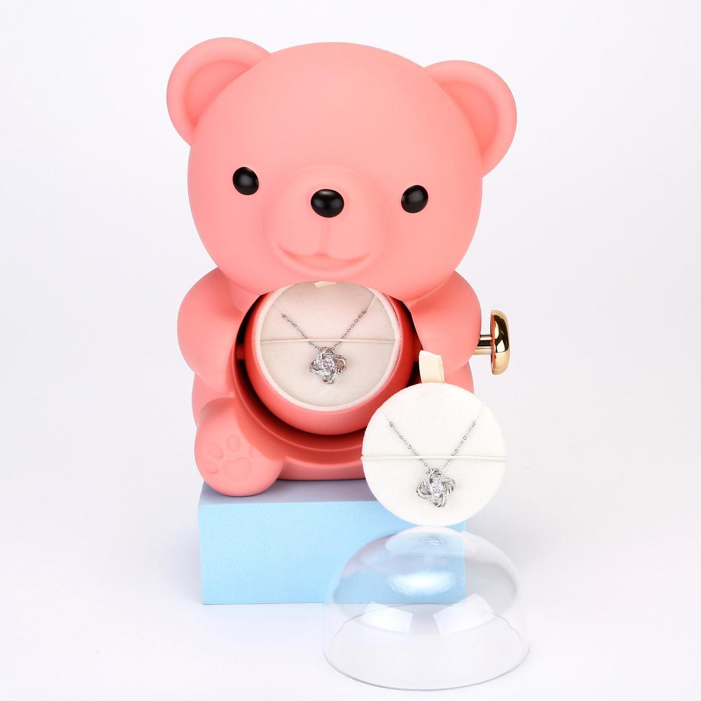 Rotating Teddy Bear Rose Jewelry Box with Preserved Flower - Charming Gift Idea for Rings and Necklaces