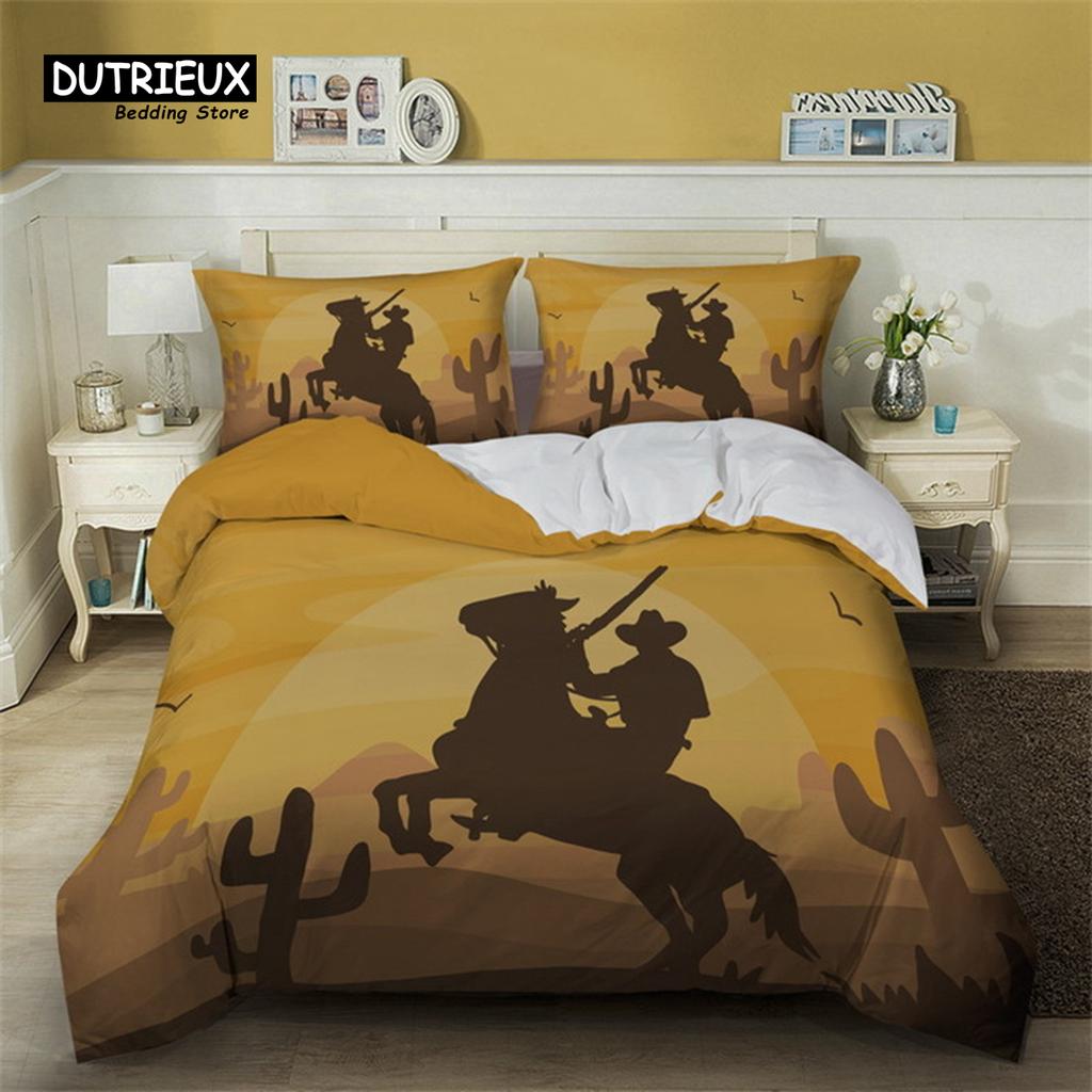 Пододеяльник в стиле вестерн-ковбой, комплект постельного белья в традиционном стиле с изображением шляпы Родео, комплект постельного белья King для детей, мальчиков, подростков, микрофибра, пододеяльник с изображением заката