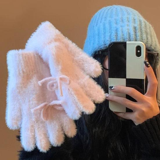 Yousheng Women Fuzzy Thermal Gloves Fluffy Winter Thick Full Finger Gloves with Bows Solid Color Cute Warm Plush Gloves for Girls Cycling Daily