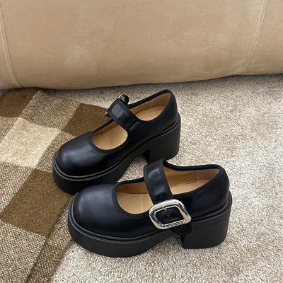 Увеличение высоты Весна 2025 платформа маленькие кожаные туфли женские черные французские новые высокие каблуки маленький толстый каблук туфли Мэри Джейн