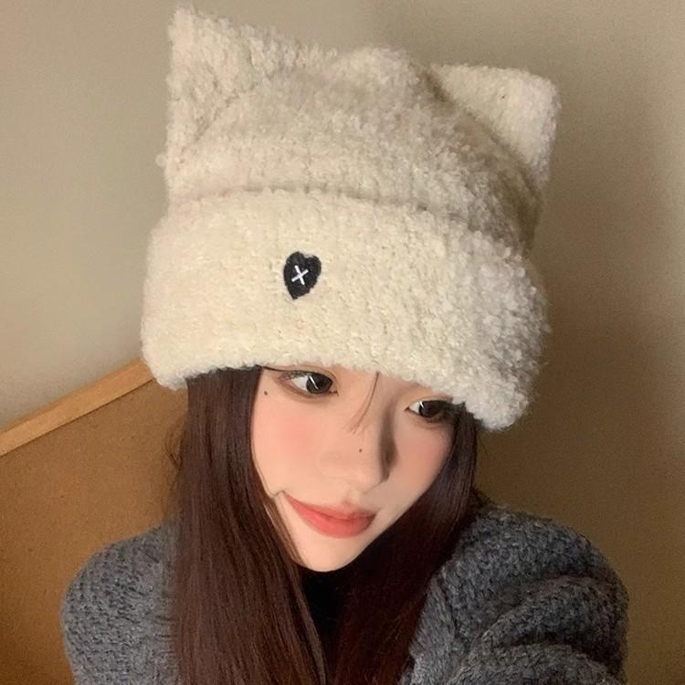 Шапки для женщин Вязаная милая шапка с кошачьими ушками Вязаная шерстяная шапка с вышивкой Love Зимняя теплая шапка для защиты ушей от холода
