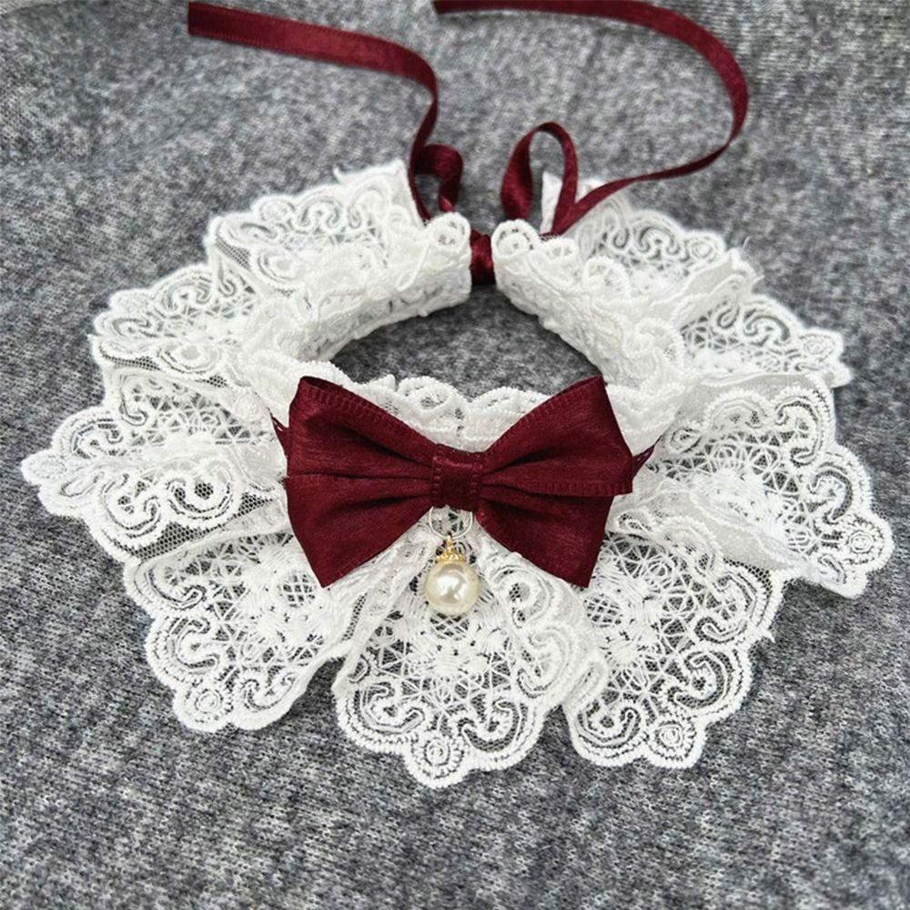 Fashion Cat Necklace Neck Strap Pearl Collar Lace Bowknot Dog Neckerchief Puppy String Bib