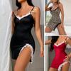 2 Pcs/Set Lady Summer Nightdress Panties Set Backless V Neck Sleeveless Sleepwear Lace Trim Split Hem Nightie Briefs Bedroom Honeymoon Wedding