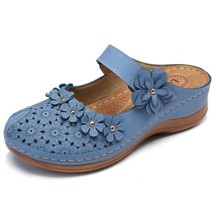 2023 Women's Sandals Large Size Vintage Flat Sandals Round Toe Flower Wedges Thick Sole Slippers for Women