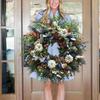 Hydrangea White Pumpkins Ranunculus Wreath for Front Door Hanging Ornament Thanksgiving Fall Home Decor Garland 3styles Option