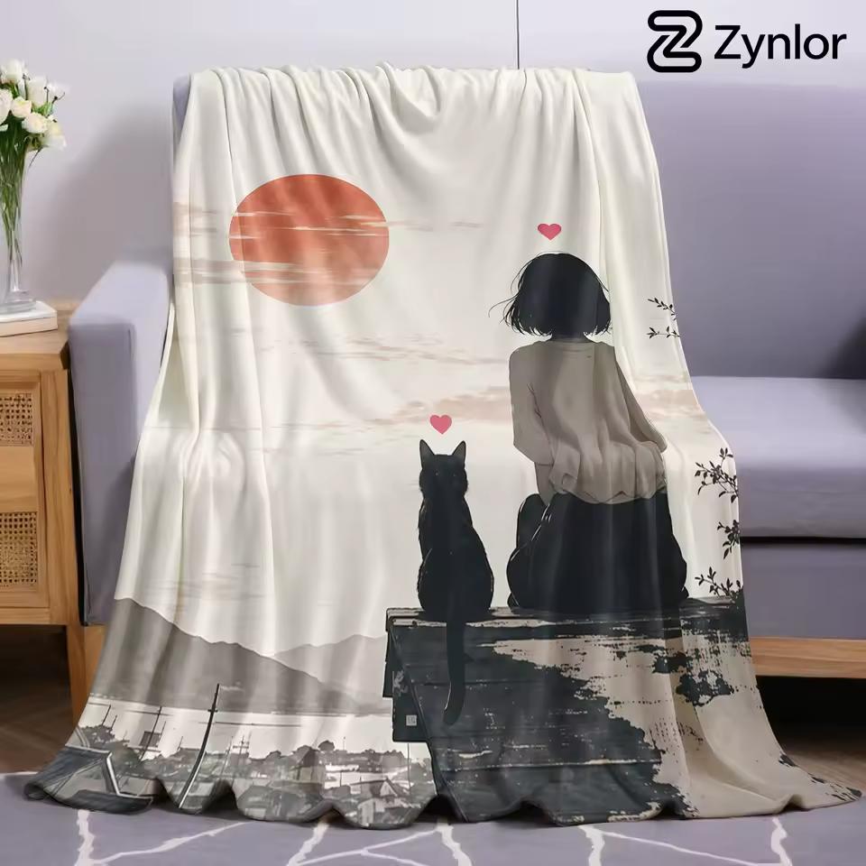 Vintage Sunset Girl Cat Lightweight Microfiber Soft Christmas Fleece Blanket Warm Cozy Throw for Sofa Office Travel All Season