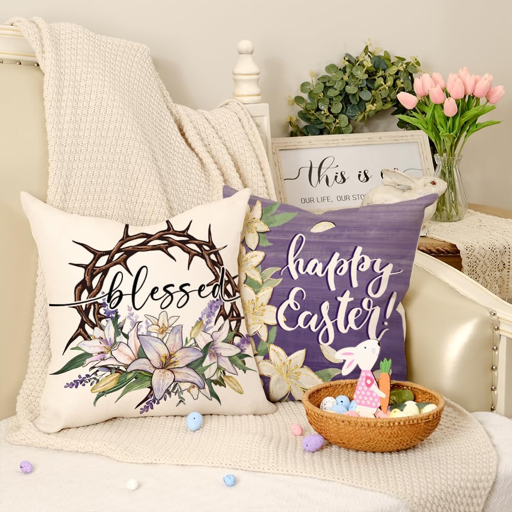 GEEORY Happy Easter He is Risen Throw Pillow Covers 18x18 Inch Set of 4, Cross Flower Wreath Blessed Spring Decorative Farmhouse Holiday Cushion Case