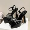 Luxury Rhinestone Buckle Strap Platform Sandals Women Sexy Open Toe Chunky Heels Ankle-Wrap High Heels Elegant Party Dress Shoes