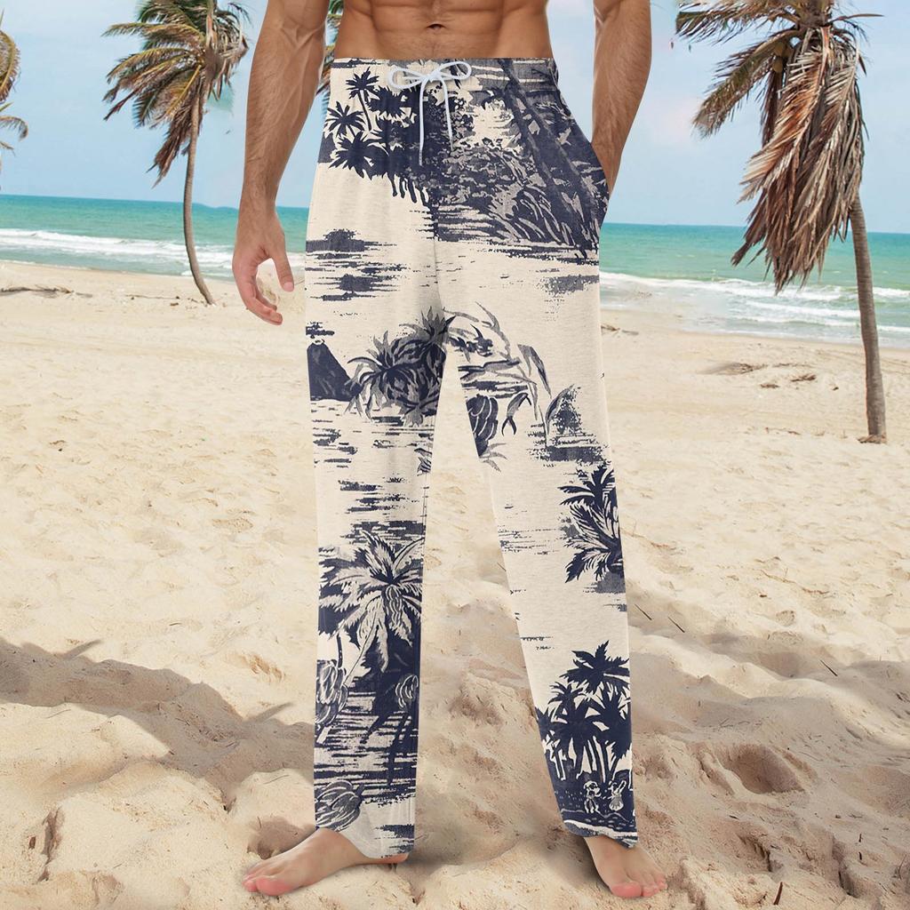 Мужские мягкие домашние пижамные штаны с гавайским принтом, повседневные спортивные штаны с завязками