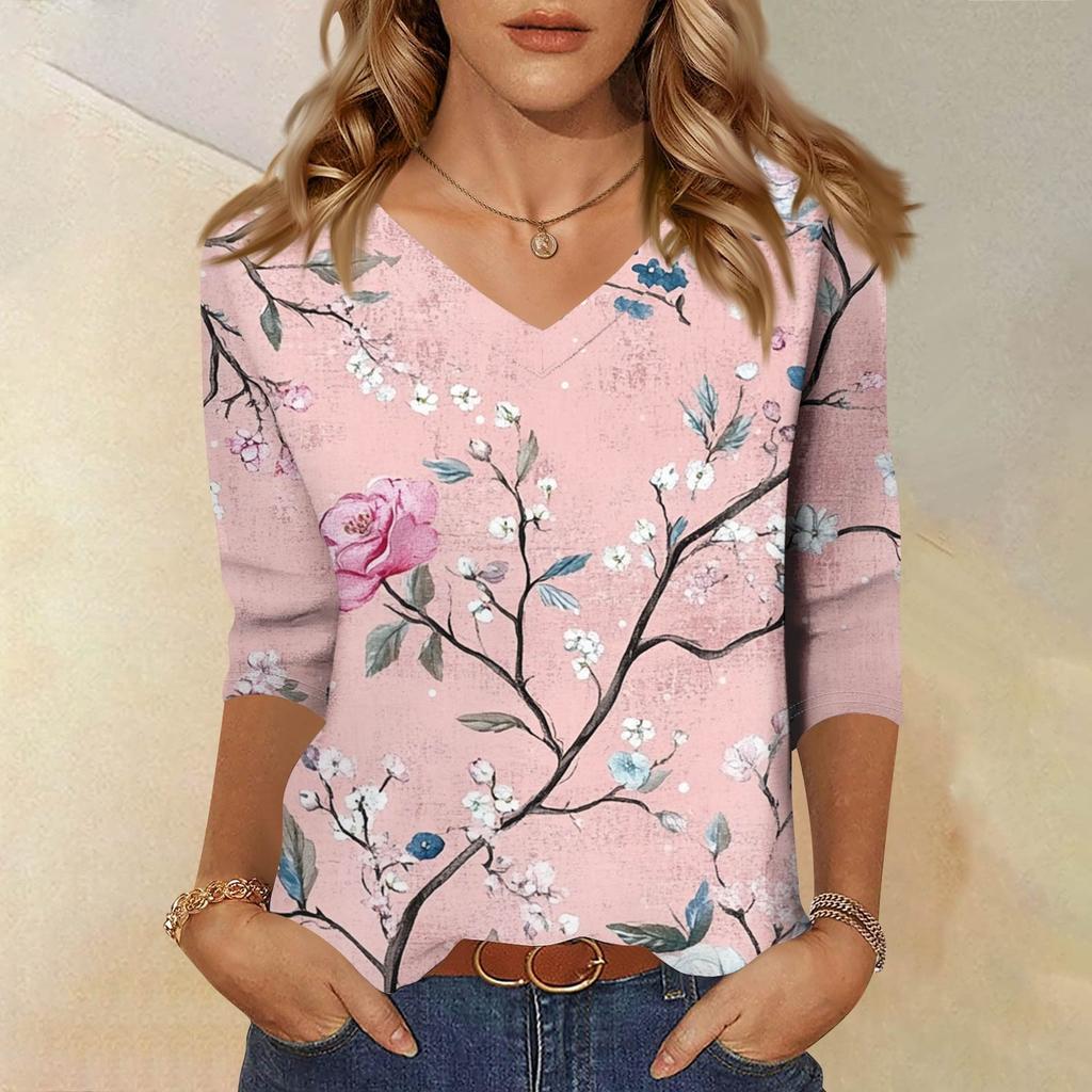 Женские топы, рубашка с рукавом три четверти, свободная повседневная рубашка с V-образным вырезом, футболка с цветочным принтом