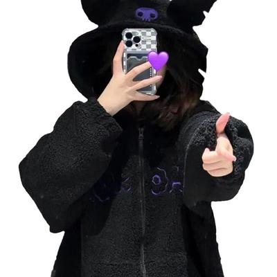 Вышитая черная толстовка с капюшоном, имитирующая овечью шерсть, осенне-зимняя плотная свободная куртка для девочек