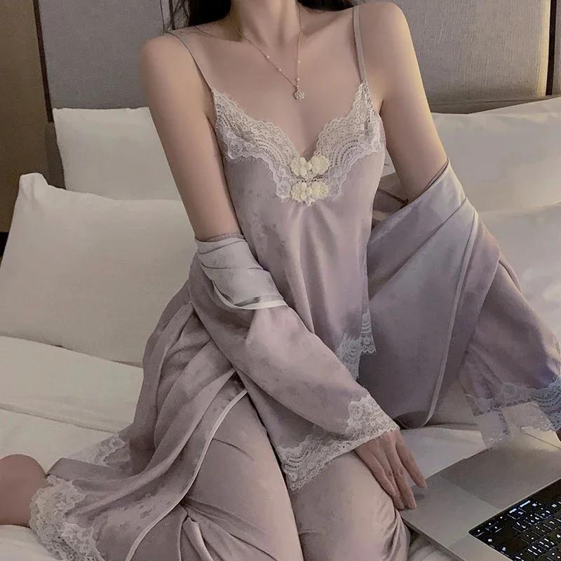 Сексуальный комплект пижамы для женщин, Новая кружевная пижама с чашечками и бретелями, Кружевные топы, Брюки и Комплекты пижамных накидок для женщин