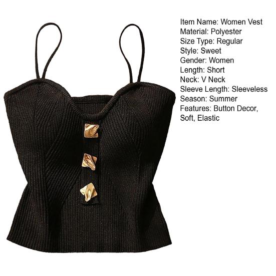 Женский жилет на бретельках с мягкой спинкой, без рукавов, вязаный эластичный однотонный однотонный декор с v-образным вырезом и пуговицами, укороченный верх на бретельках