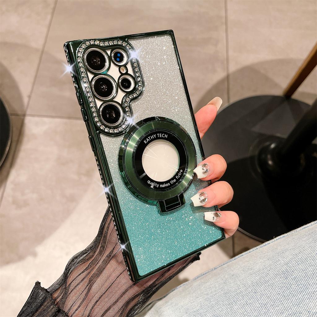 Samsung 25 Ultra Mobile Phone Case Rhinestone Flash Powder Electroplated Magnetic Bracket for Women's Model Suitable for S24 Soft Shell Anti Fall