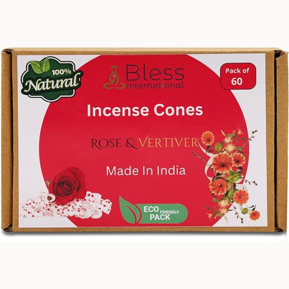 BLESS INTERNATIONAL Rose and Vertiver 100%-Natural-Incense-Cones Handmade-Hand-Dipped Organic-Chemicals-Free for-Purification-Relaxation