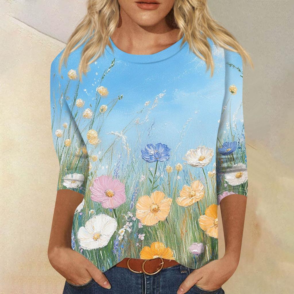 Женская модная повседневная футболка с рукавом семь восьмых, принтом и круглым вырезом