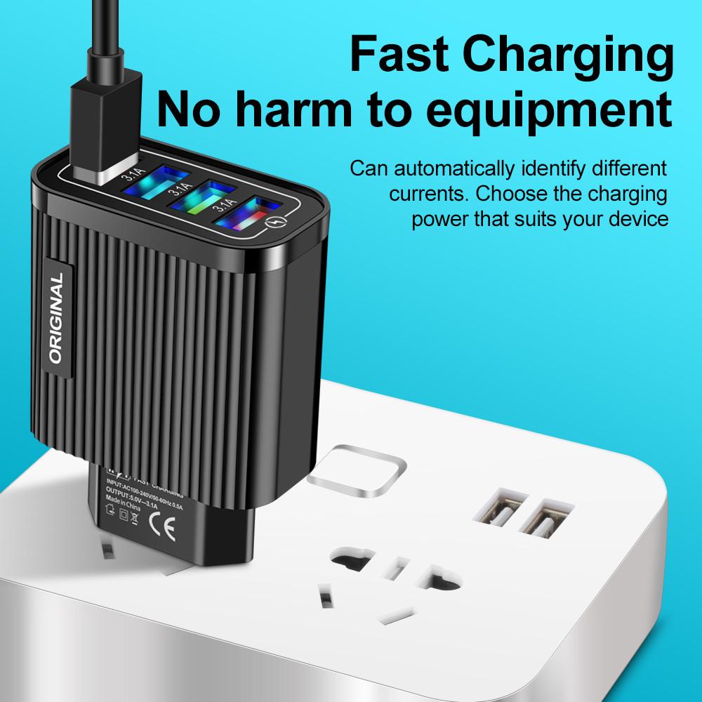 Phone Charger 4 Port USB Fast Mobile Phone Charger Adapter 5V 3A for iPhone Samsung Huawei Xiaomi Quick Charging Power Source