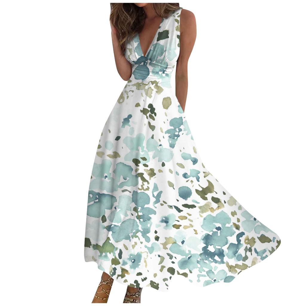 Women's Long Dress Maxi Dress Casual Dress Summer Casual Sleeveless V Neck Boho Waist Retraction Printed Dress