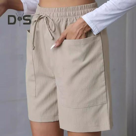 Women's Summer Shorts Casual Stretch Mid Waist Shorts with Pockets Drawstring Wide Leg Sports Pants Fitness Outfit