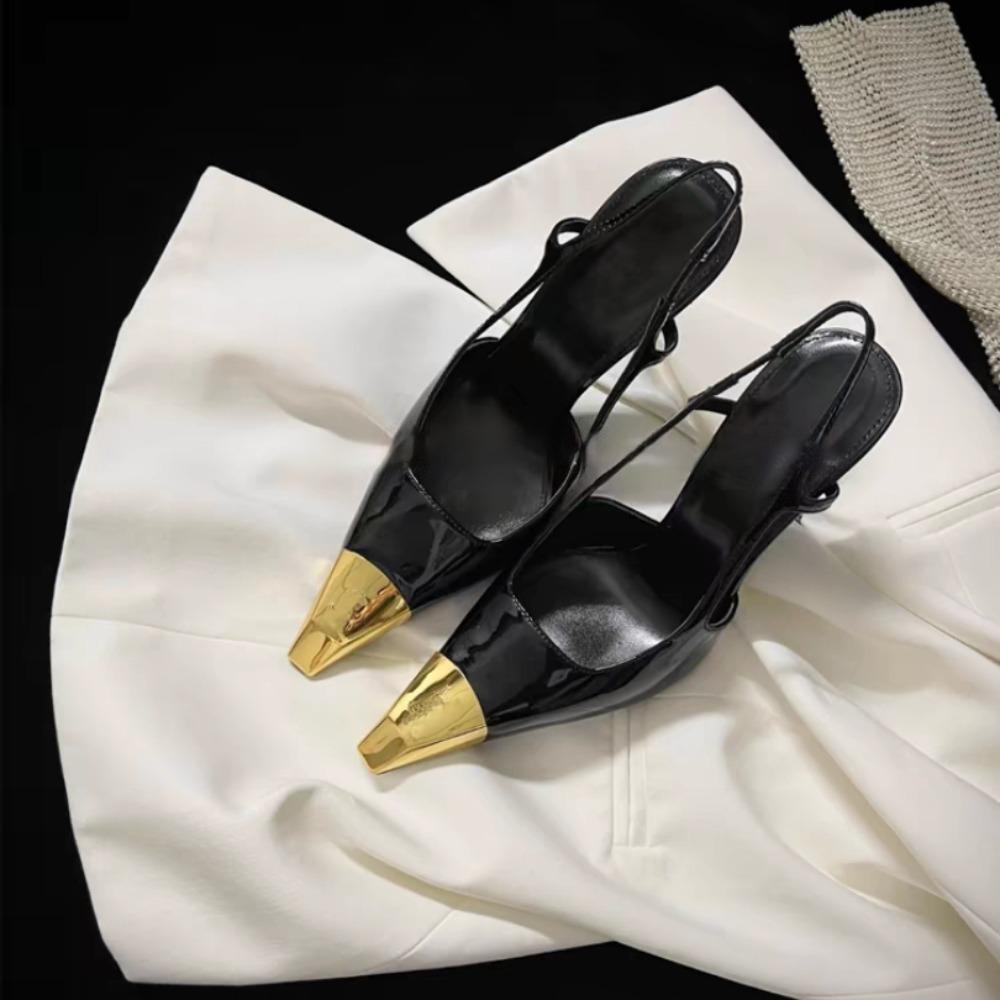 Дизайнерские Женские Сандалии на Высоком Каблуке Летние Новые Металлический Квадратный Носок Лакированная Кожа Черные Туфли-лодочки на Шпильке Сексуальные Вечерние Туфли с Ремешком на Пятке