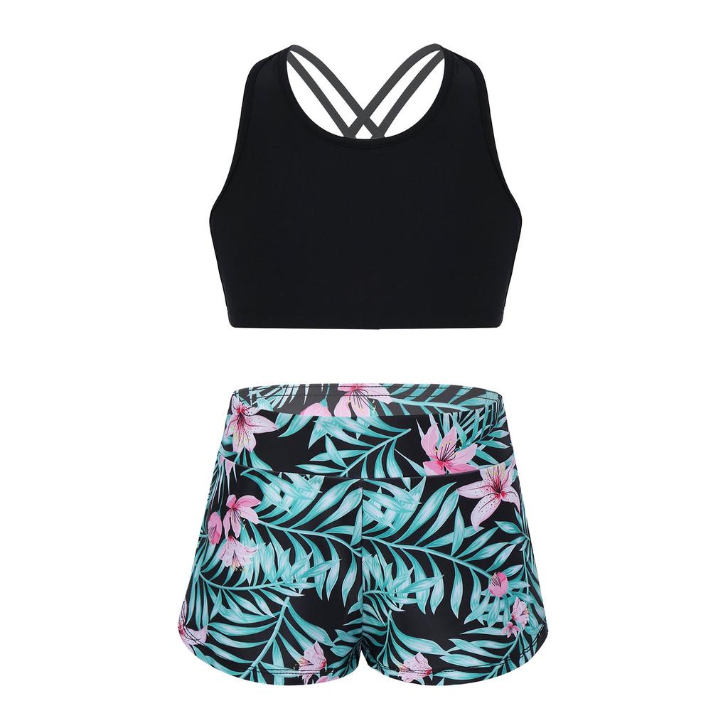 Girls 2 Piece Sport Set U Neck Spaghetti Straps Cropped Top Criss Cross Back Pink Lily Print Shorts Gym Yoga Outfit