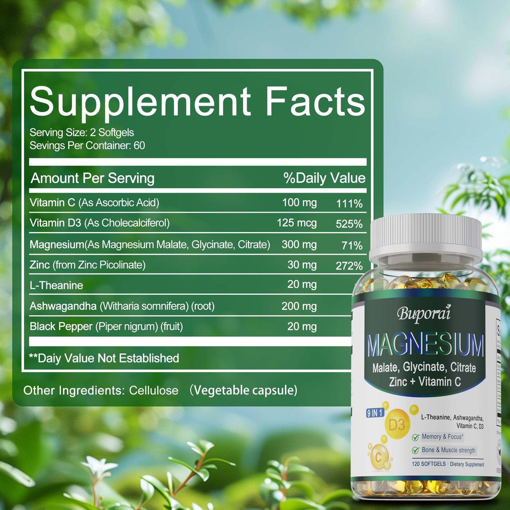 Magnesium complex supplement, containing vitamin C, zinc, antioxidant, immune-boosting, mood-soothing, and nutrient-absorbing, for adults.