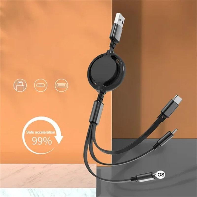 3 In 1 Retractable Data USB Cable for IPhone Charger Fast Wire Charging Cable for Android Phone Type C Xiaomi Huawei Samsung