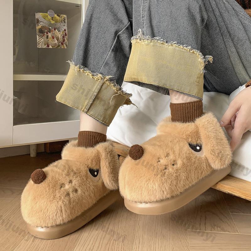 Women Winter New Cute Cartoon Dog Warm Slippers Winter Outdoor Platform Soft Plush Cotton Shoes Couples Indoor Fluffy Snow Boots