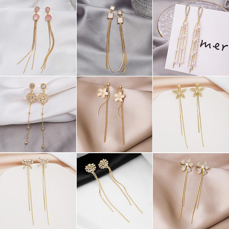 Tassel Earrings Diamond Butterfly Flower Pearl Stud Earrings Temperament Fashion Long Thin Earrings