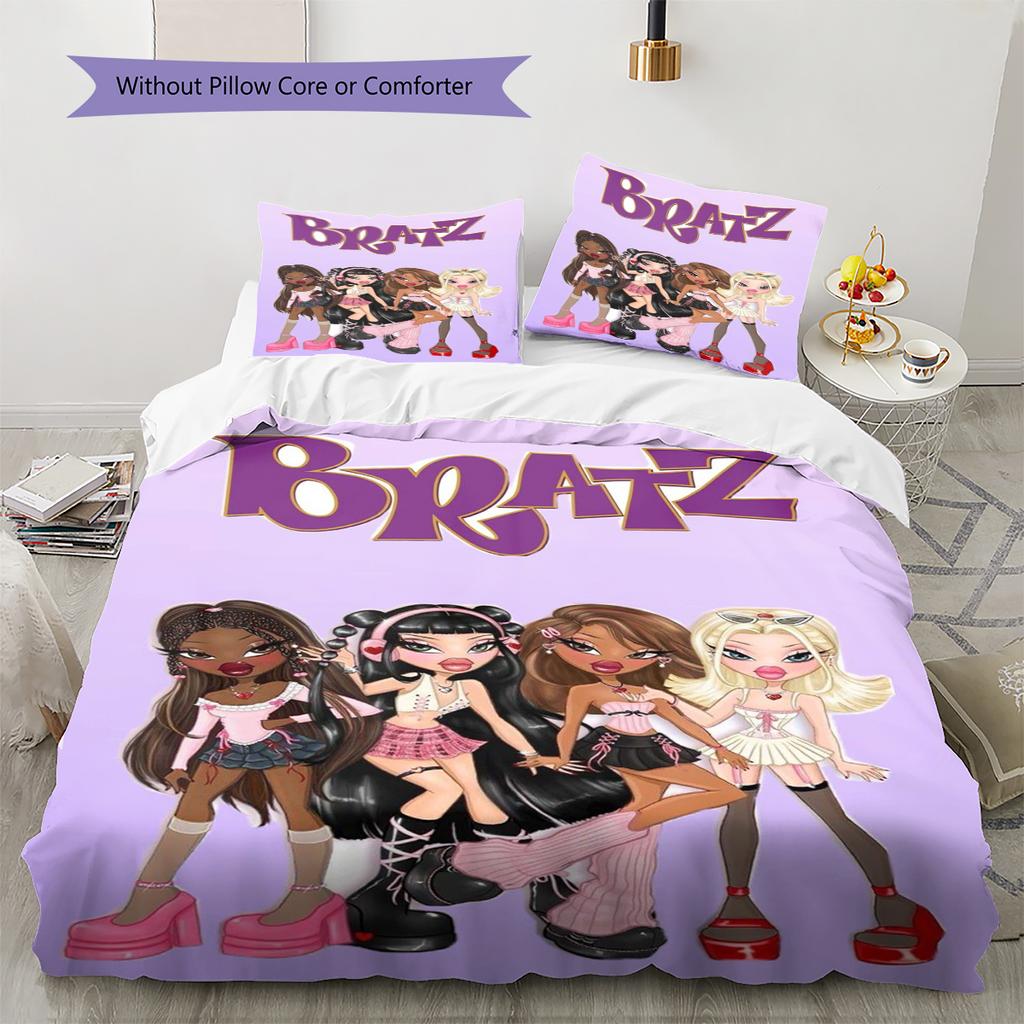 Постельное белье с принтом кукол Bratz, комплект одеял, пододеяльник, наволочка, домашний декор, подарок (1 пододеяльник + 2 наволочки, без наполнителя)