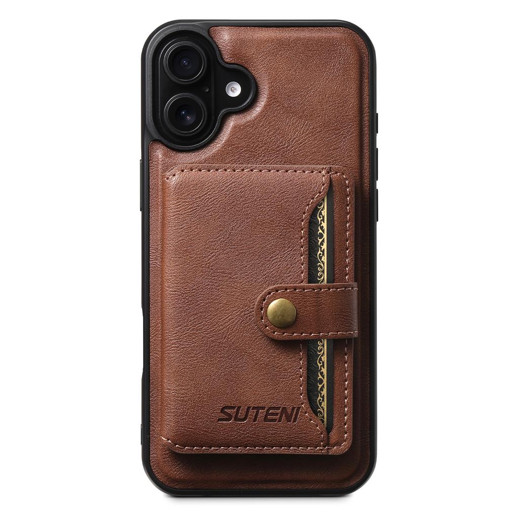 SUTENI M4 For iPhone 16 Magnetic Case with Card Holder Cowhide Texture Leather Back Cover