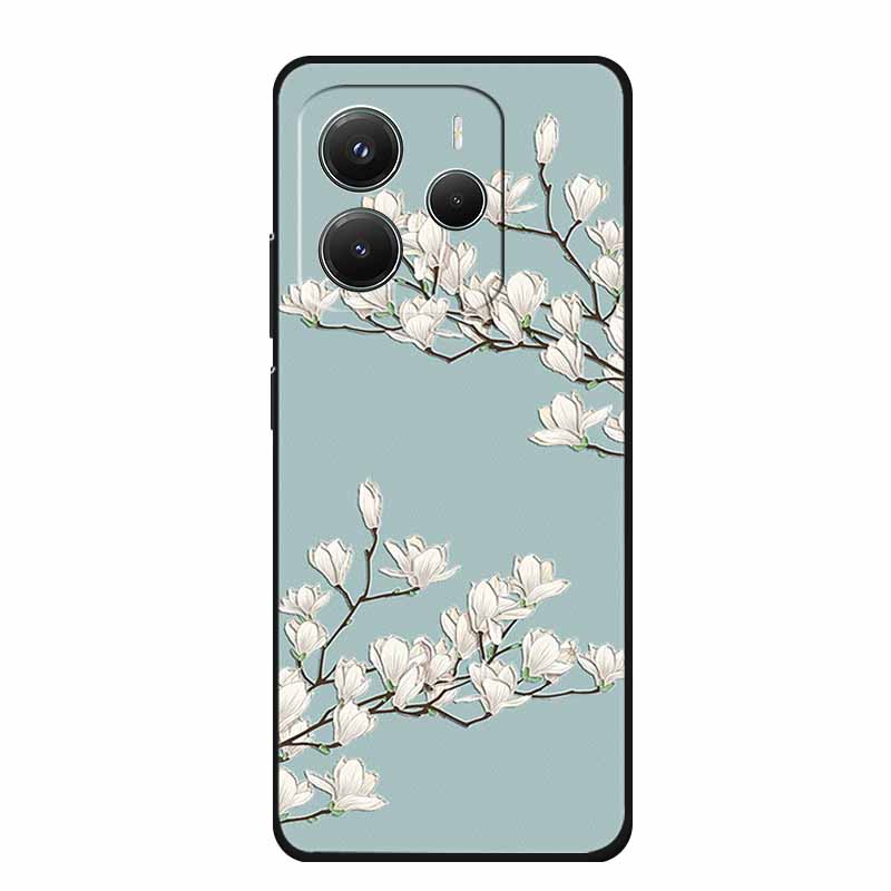 3D Emboss Case For Xiaomi Redmi Note 14 Phone Case Flowers Black Silicone Soft Back Cover Coque For Redmi Note 14 5G Global Case
